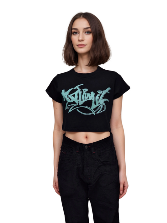 Women's Girls Black Cropped Graffiti Logo T-shirts Sporty Gym wear