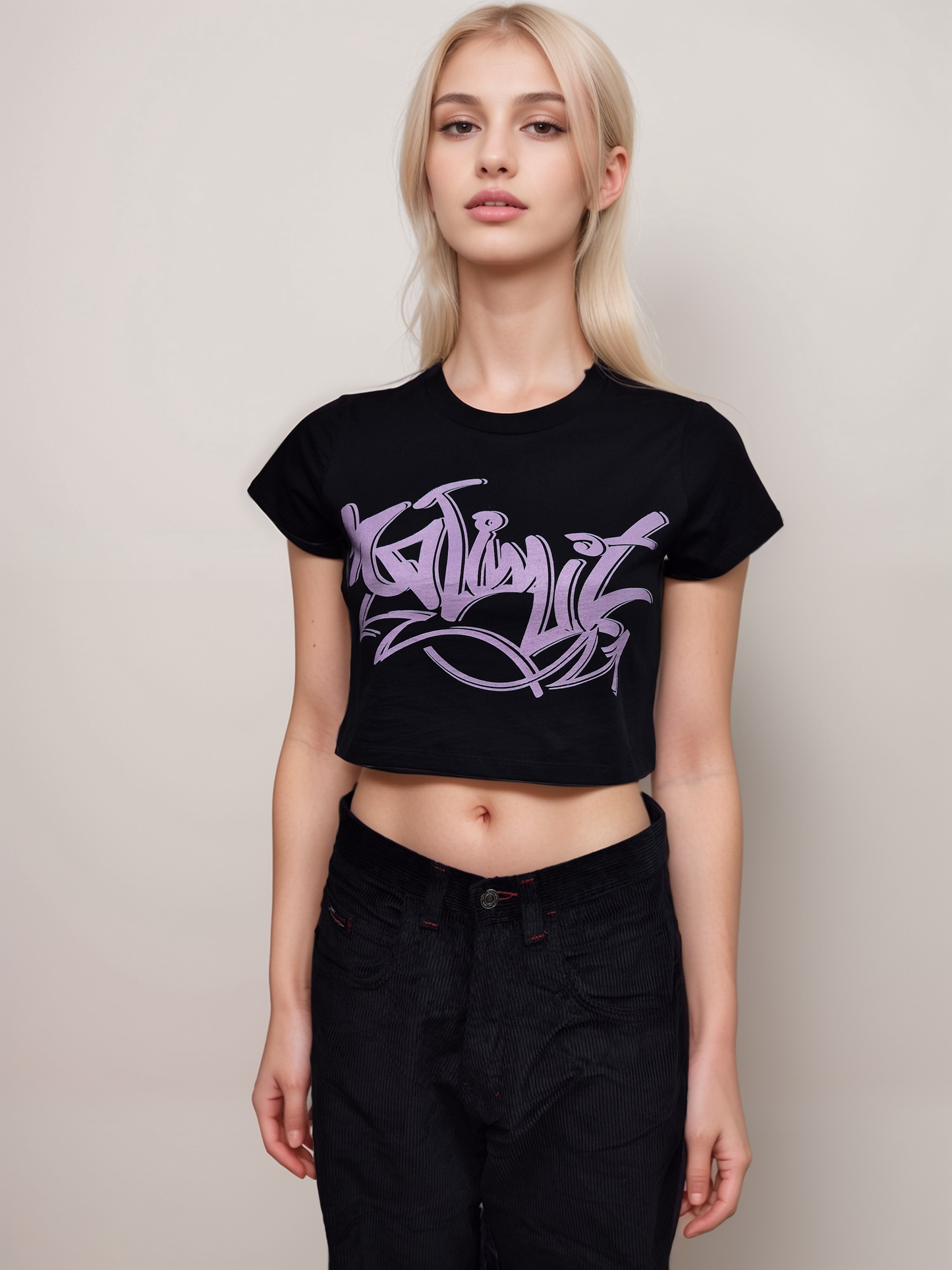 Womens Black Cropped Tshirt with Pink graffiti