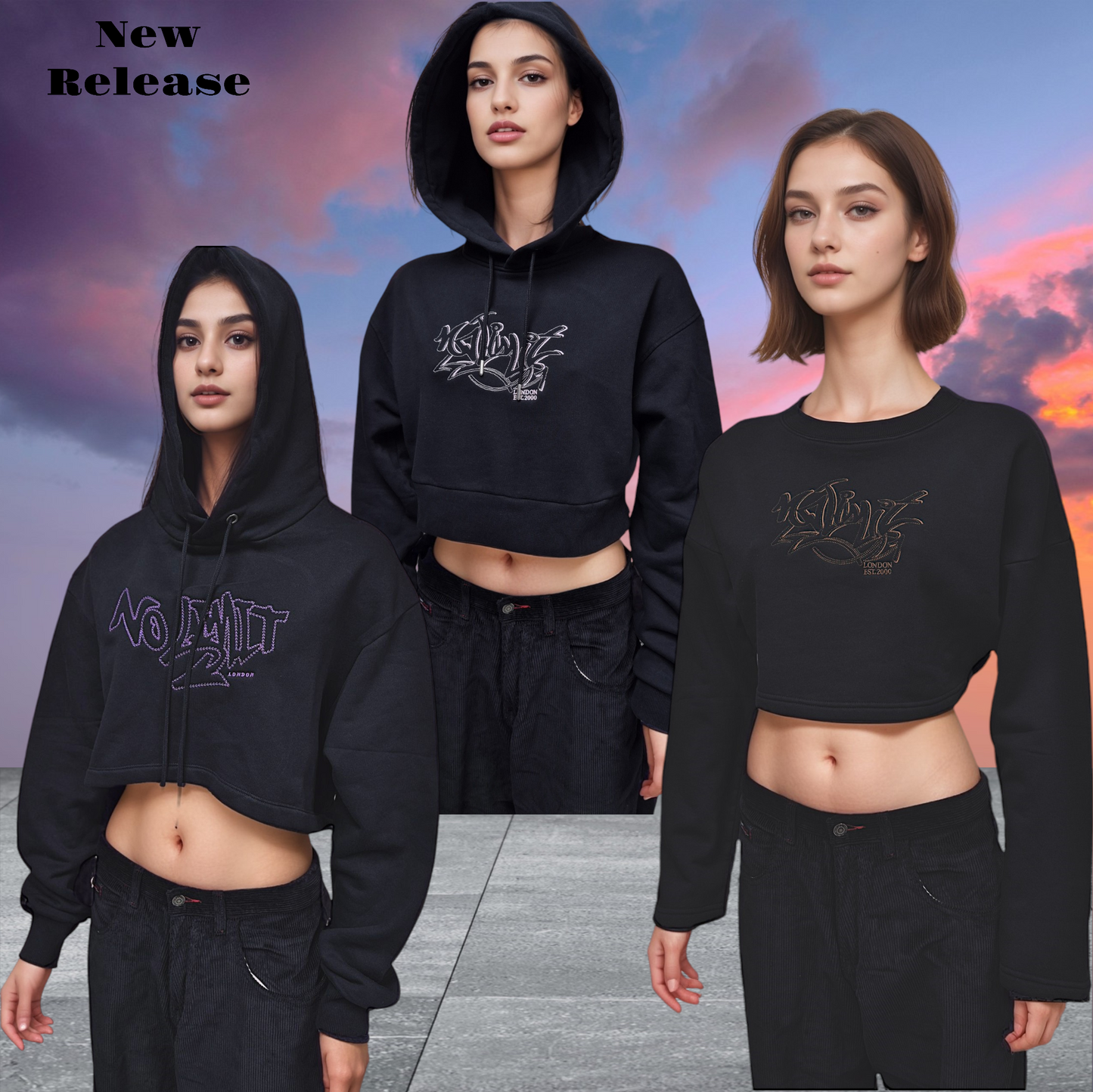 Womens Black Cropped Hoodie Purple Chain No Limit London Graffiti Embroidery