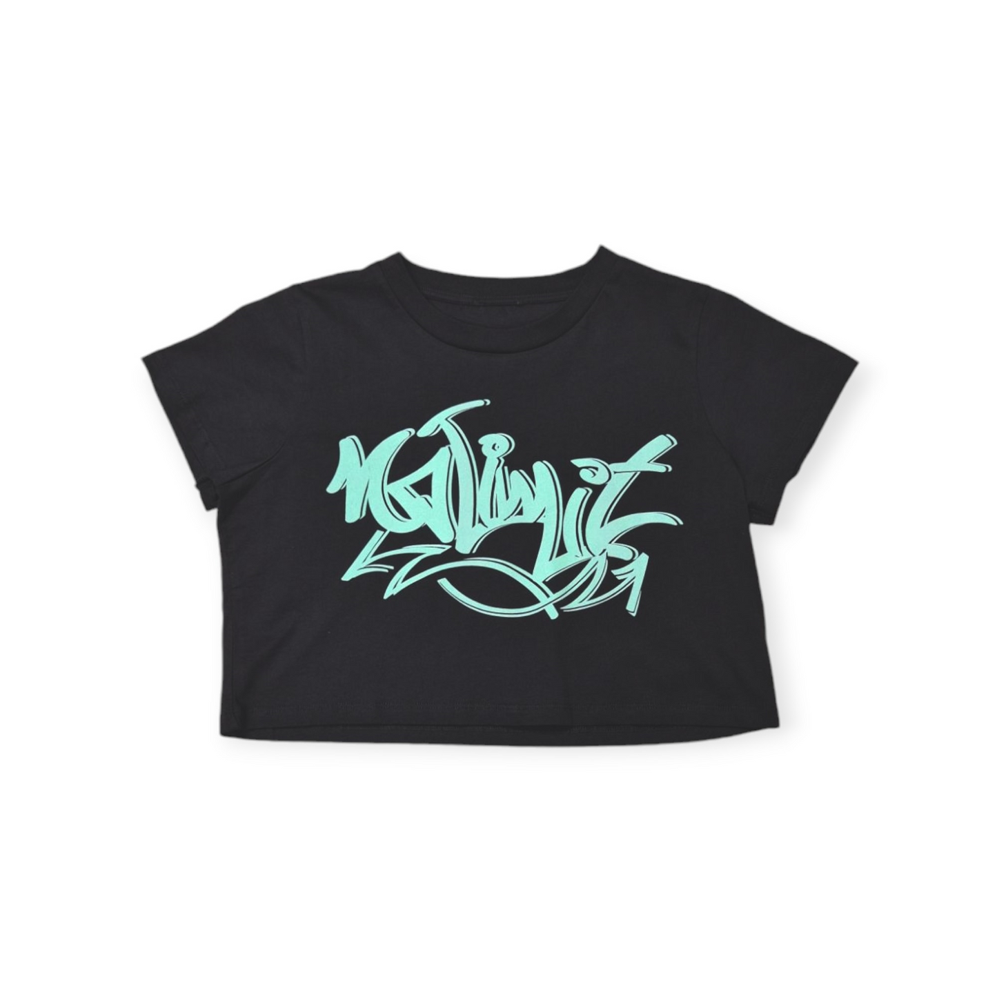 Women's Girls Black Cropped Graffiti Logo T-shirts Sporty Gym wear