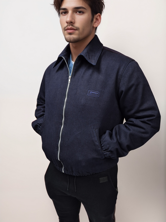 Navy Blue Recycled Heavy Denim Blouson Bomber Fully Moleskin lined Jacket