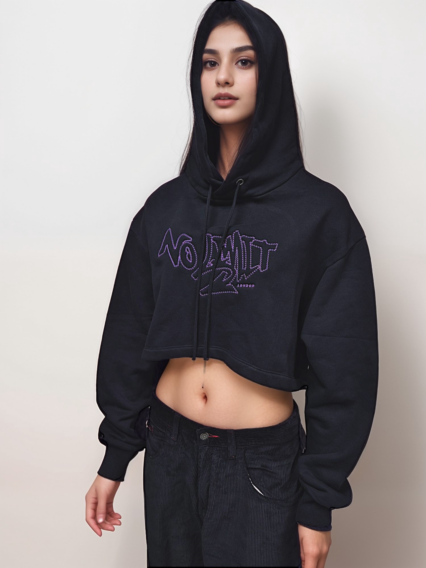 Womens Black Cropped Hoodie Purple Chain No Limit London Graffiti Embroidery