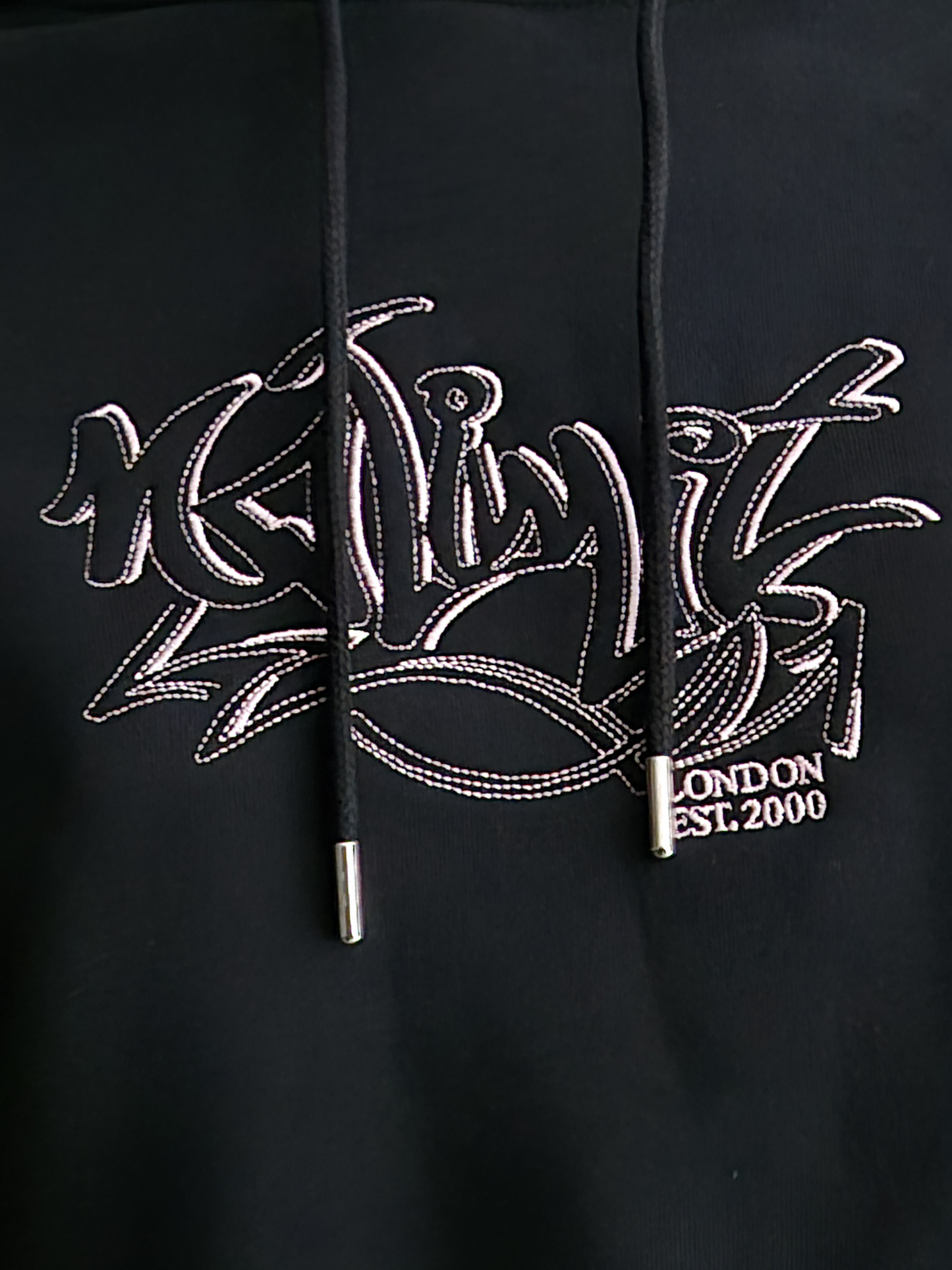 Womens Black Cropped Ribbed Hoodie Baby Pink Graffiti Embroidery